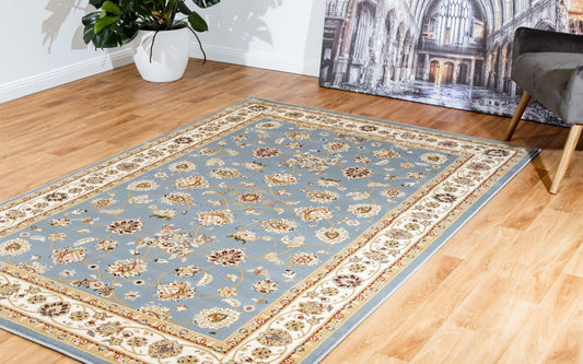 Blue traditional area rug with ornate cream border and repeating floral medallion pattern