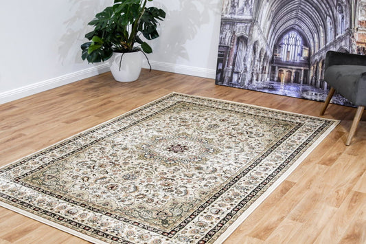 Traditional area rug in ivory with ornate floral pattern and dark border