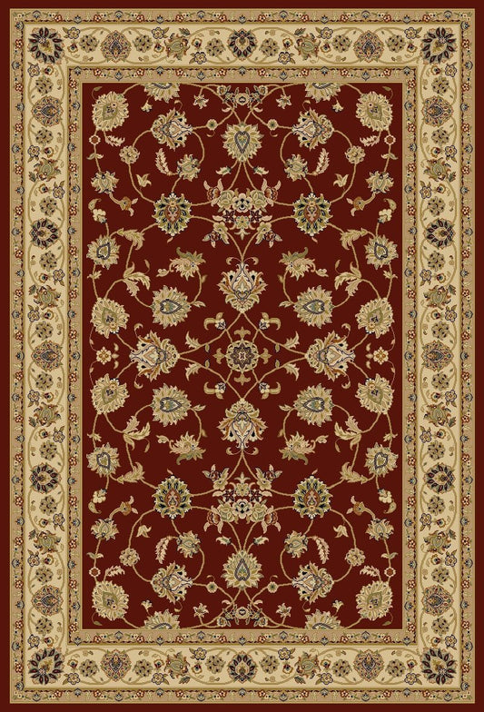 Burgundy traditional area rug with gold floral medallion border, ornate Persian pattern
