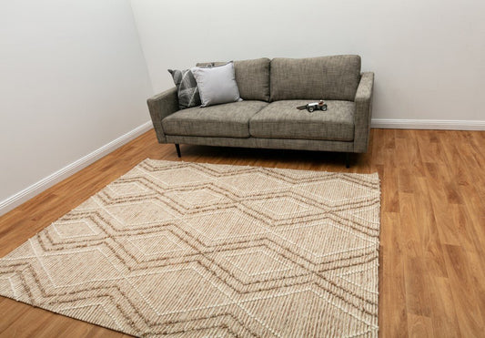 Anita modern wool area rug, beige with geometric chevron pattern