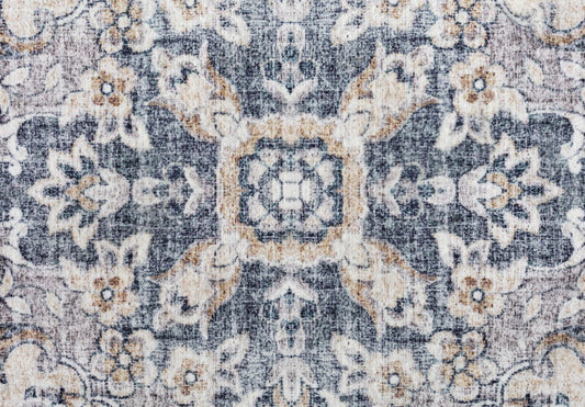 Close-up of rug design with blue and beige floral motifs on light base