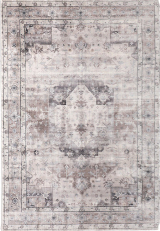 Contemporary area rug with distressed floral pattern and border
