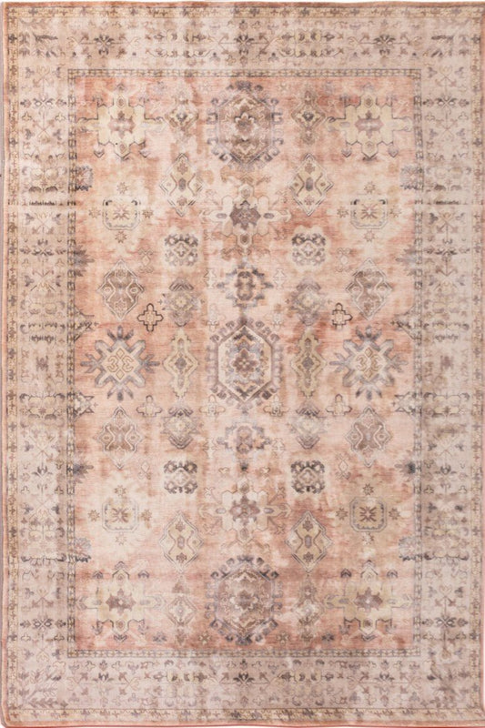 Contemporary area rug with pale beige field and multicolor ornamental medallion pattern.