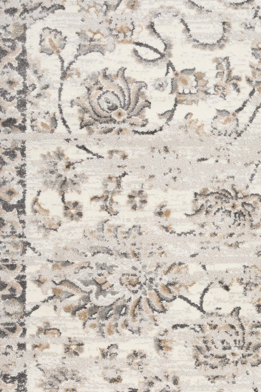 Grey and cream vintage-style area rug with detailed damask motifs and distressed look