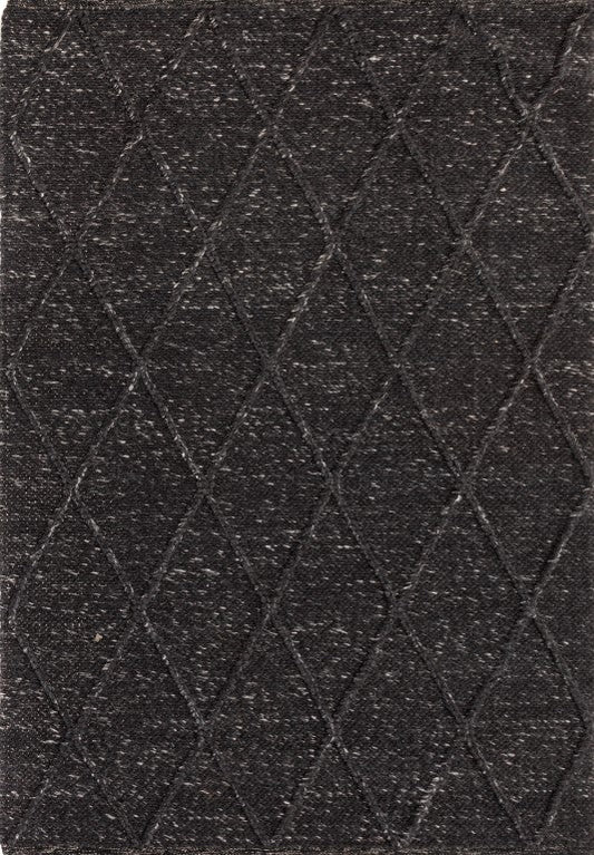 Graphite wool rug with geometric diamond pattern and short textured pile