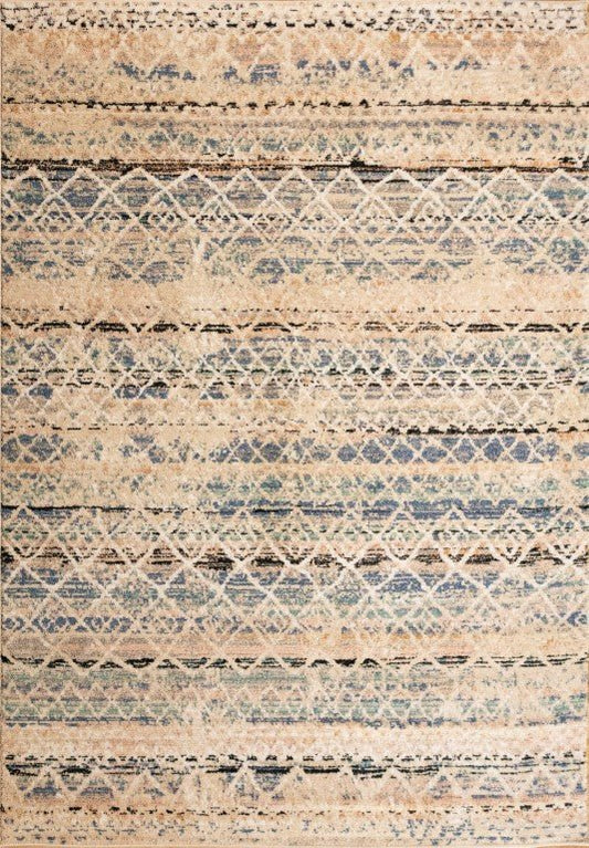 Blue and beige abstract striped rug with diamond and crosshatch details