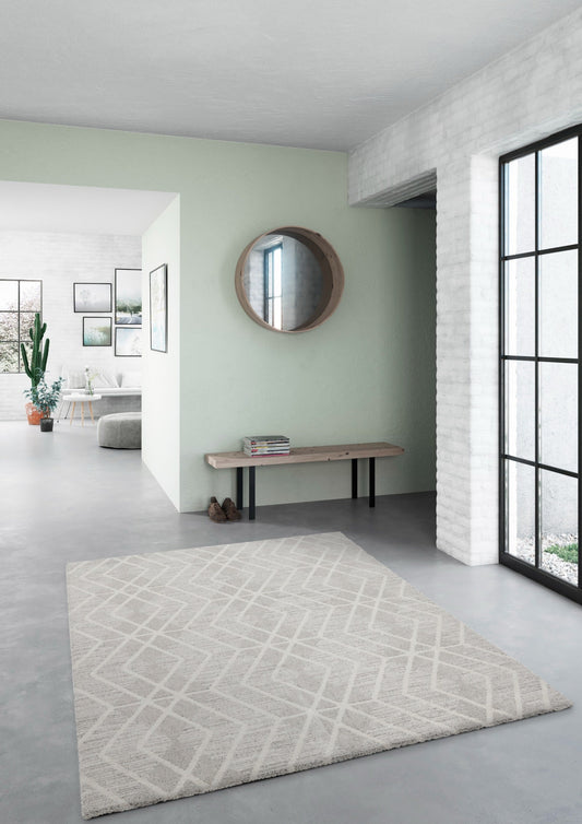 Light gray geometric patterned area rug on modern floor in a living space