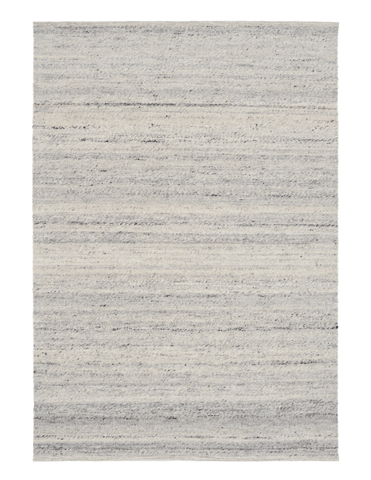Grey wool area rug, rectangular view with speckled surface and horizontal bands
