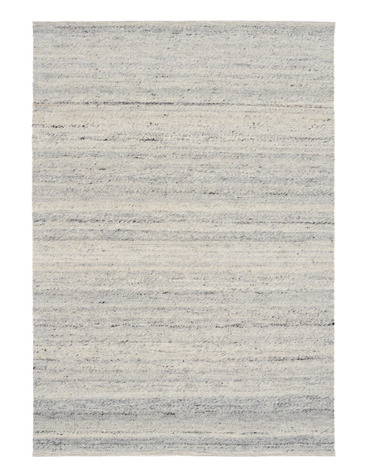 Grey wool area rug with subtle horizontal stripes and speckled texture