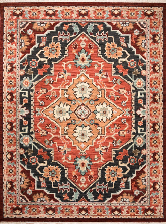 Luxury wool rug with red and navy floral geometric medallion pattern, square border