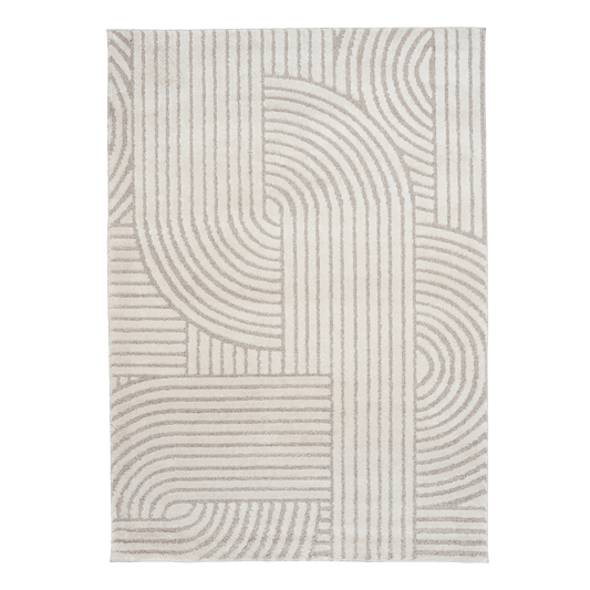 Ivory-beige rectangular area rug with layered geometric wave and stripe pattern