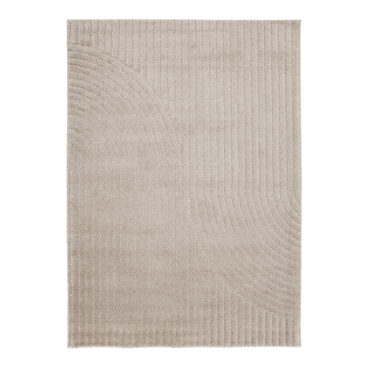 Beige modern textured area rug, curved stripe motif, flat fabric look