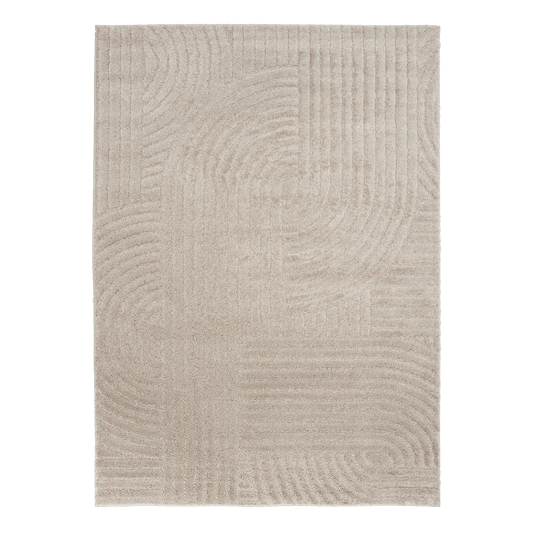 Beige rectangular rug with embossed wavy pattern