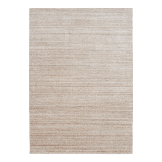 Taupe wool area rug with evenly spaced horizontal stripes, rectangular flatweave