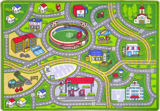 Green kids playmat with road and stadium graphic layout | Playmat Aussie Footy Modern Polypropylene Area Rug - Rugs Point Australia