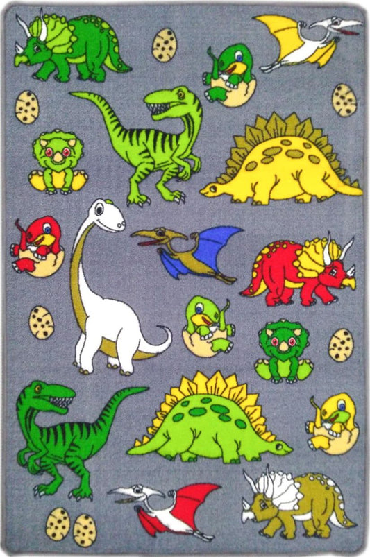 Gray dinosaur play mat with green, red, and yellow dino prints and paw motifs | Playmat Dino Contemporary Floor Rug - Rugs Point Australia