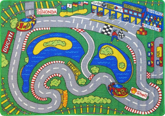 Colorful racing track play mat with winding roads, cars, flags, and checkered finish | Playmat Grand Prix Contemporary Polypropylene Area Rug - Rugs Point Australia