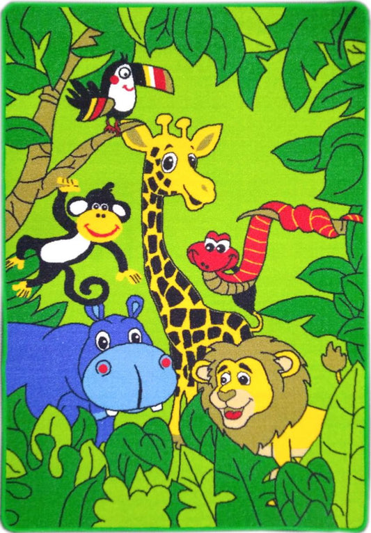 Jungle play mat with colorful zoo animals in green leaf border | Playmat Jungle Contemporary Polypropylene Area Rug - Rugs Point Australia