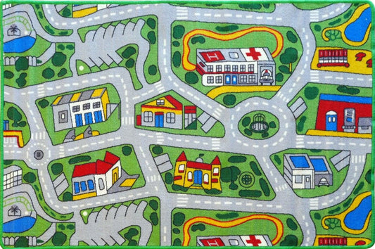 Kids playmat with colorful city roads, buildings, and parks pattern | Playmat Suburb Contemporary Floor Rug - Rugs Point Australia