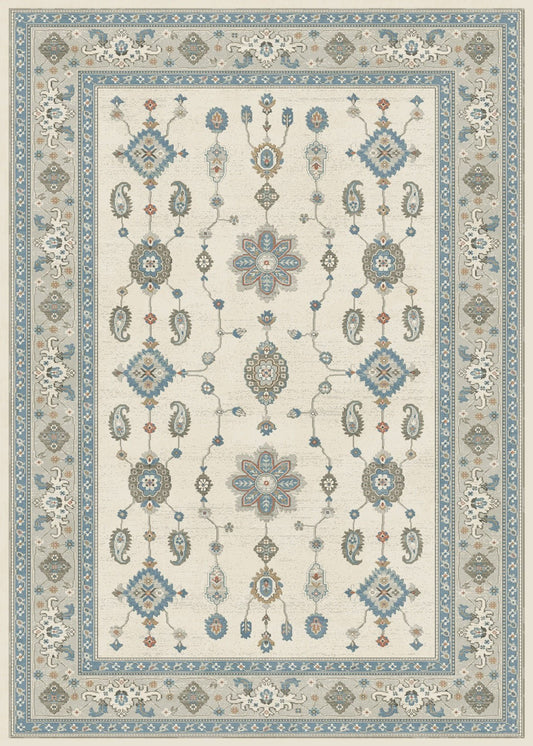 Ivory rectangular rug with ornate blue and teal medallion pattern and border | Prudence Cheap rug 17208 Ivory Contemporary Living Room Rug - Rugs Point Australia