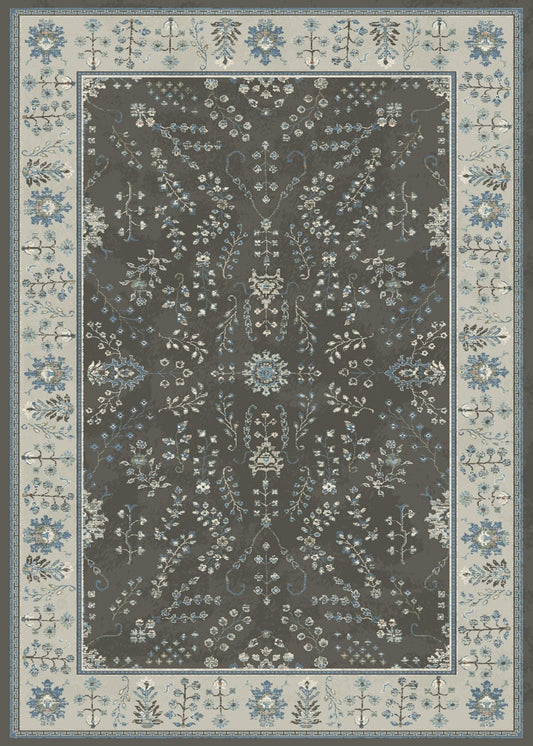 Large rug with light floral border and central medallion on a dark background | Prudence Large rug 17204 Khaki Contemporary Floor Rug - Rugs Point Australia