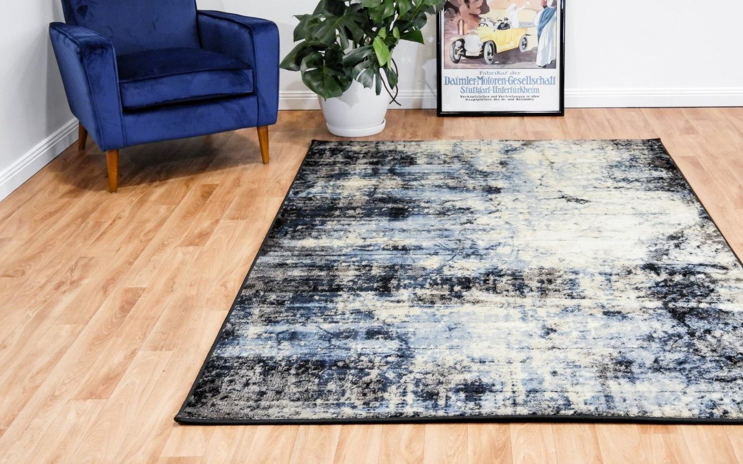 Area rug featuring a blue and cream distressed abstract design with black border | Raffia Mat 1440 Sky Modern Abstract Living Room Rug - Rugs Point Australia