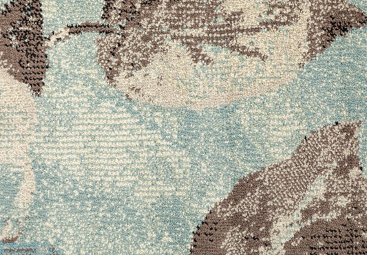Textured sea blue rug with beige and brown leaf motifs | Raffia Medium Rug 5507 Sea Textured Woven Floor Rug - Rugs Point Australia