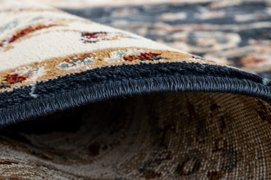 Navy raffia rug edge with textured fringe and multicolor cream pattern | Raffia Rug 1332 Navy Vintage Traditional Polypropylene Area Rug - Rugs Point Australia