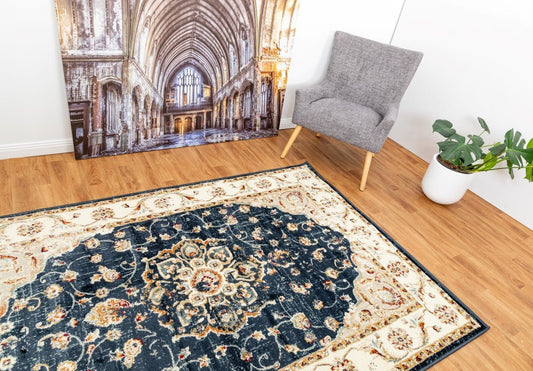 Navy raffia rug with cream scrollwork and floral center, distressed Persian look | Raffia Rug 1332 Navy Vintage Traditional Polypropylene Area Rug - Rugs Point Australia