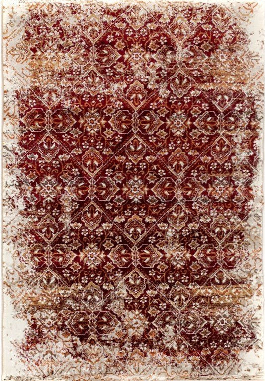 Raffia rug with red and cream ornate diamond pattern, short pile surface | Raffia Rug 1804 Red Contemporary Polypropylene Area Rug - Rugs Point Australia