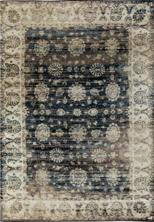 Rug with abstract black, beige, and teal raffia pattern and ornate border details | Raffia rug 2447 Black Modern Polypropylene Area Rug - Rugs Point Australia