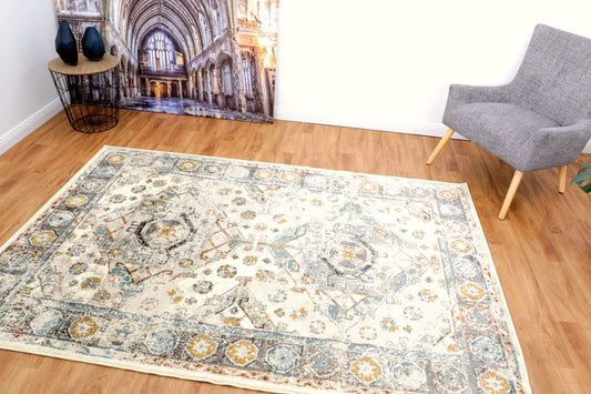 Rectangular ice-toned textured rug with ornate geometric medallion and border | Raffia rug Mat 1336 Ice Modern Abstract Living Room Rug - Rugs Point Australia