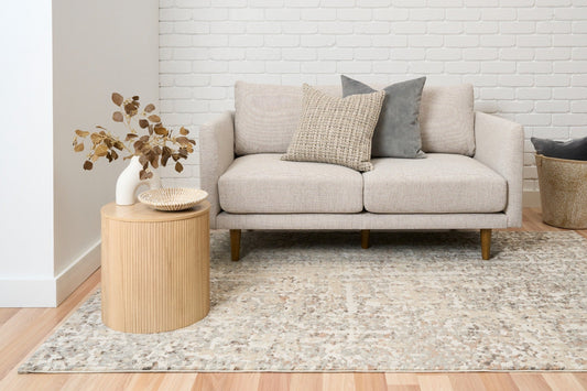 Speckled light gray and beige area rug, full rectangular view
