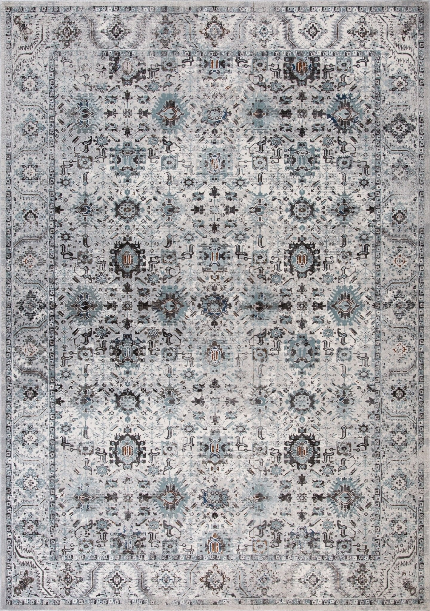 Ornate light gray area rug with teal and dark geometric medallion pattern | Victoria 80 Bouquet Vintage Traditional Floor Rug - Rugs Point Australia