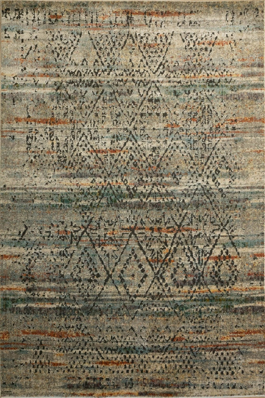 Distressed geometric rug in light gray and beige with small multicolor pattern details. | Zarita Rug 112 GC3 Modern Abstract Polypropylene Area Rug - Rugs Point Australia