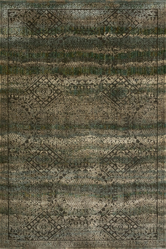 Zarita rug close-up with dark green border and intricate geometric details, rectangular | Zarita Rug 114 GC3 Modern Polypropylene Area Rug - Rugs Point Australia