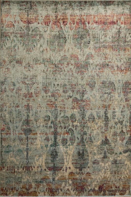 Close-up distressed rug with teal-gray field and beige rust motif pattern, textured pile | Zarita Rug 8020 GC3 Textured Woven Polypropylene Area Rug - Rugs Point Australia
