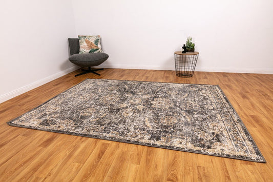 Distressed abstract area rug in gray, tan, and blue with low-profile woven texture. | Zephyr Frost Modern Polypropylene Area Rug - Rugs Point Australia