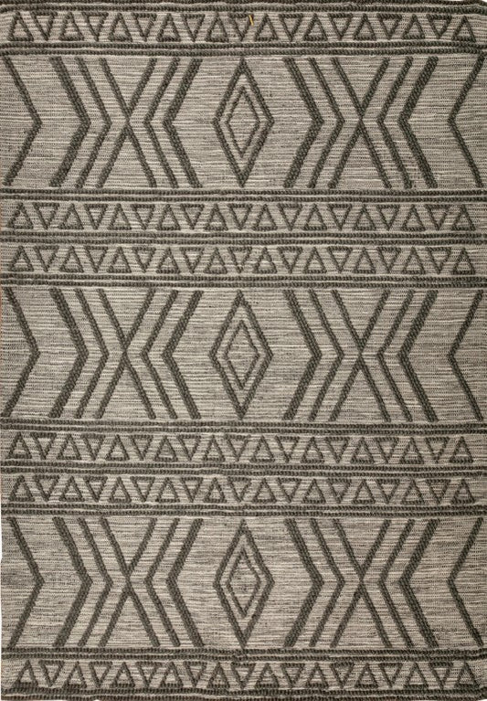Charcoal wool rug with geometric lattice and chevron medallion pattern
