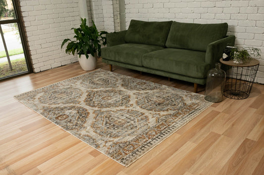 Beige patterned area rug with ornate border, large geometric motifs, rectangular