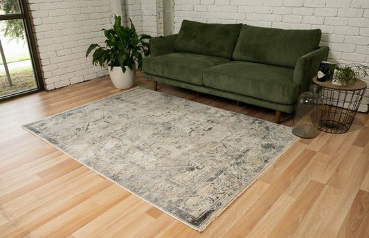 Grey Egyptian rug with distressed ornate pattern, rectangular area rug