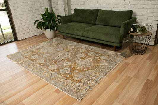 Matana Egyptian rug with distressed medallion pattern in beige, blue and rust