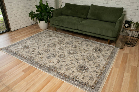 Multi-tone area rug with ornate floral vines and border on light beige and dark gray