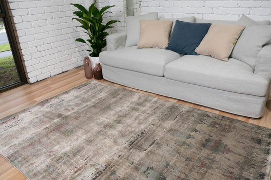 Abstract multicolor area rug with muted tones, low pile on a wood floor | Zarita Rug 561 GC3 Modern Polypropylene Area Rug - Rugs Point Australia