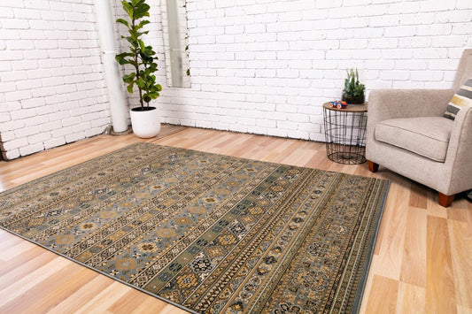 Afghan traditional rug in blue and olive with geometric border, rectangular floor rug