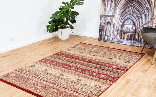 Traditional area rug with red border and cream center geometric pattern, rectangular