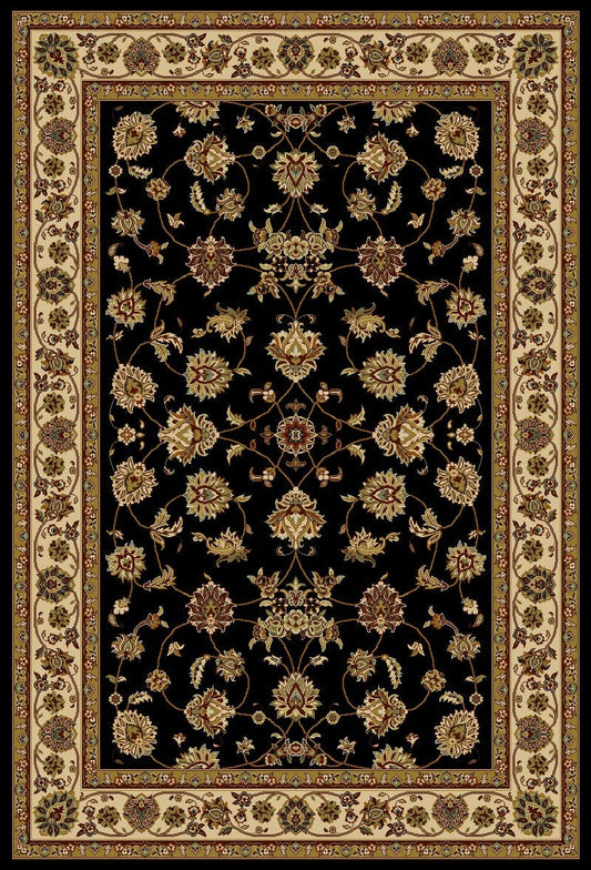 Black traditional area rug with ornate gold floral medallions and patterned border