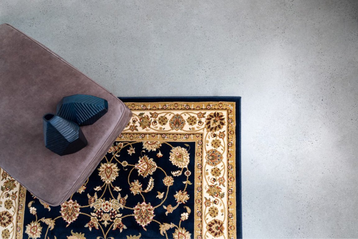 Navy traditional rug corner with gold floral vines and cream border | Agrabah Traditional Rug 173 Navy Vintage Traditional Floor Rug - Rugs Point Australia