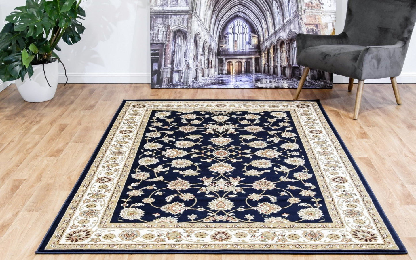 Navy traditional rug with ornate gold floral medallions and cream border | Agrabah Traditional Rug 173 Navy Vintage Traditional Floor Rug - Rugs Point Australia