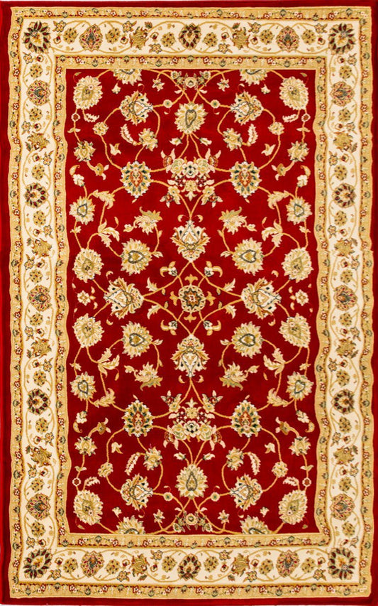 Red traditional rug with ornate gold floral medallions and beige border